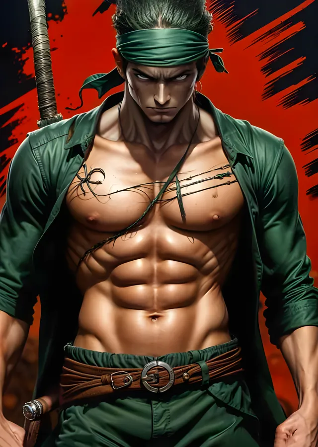 One Piece - Zoro Kırmızı Zeminde Duruş metal tablo