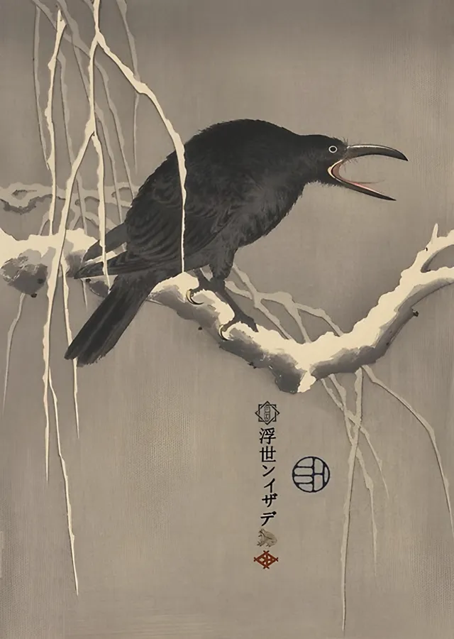 Öten Karga - Japon Ağaç Baskı metal tablo