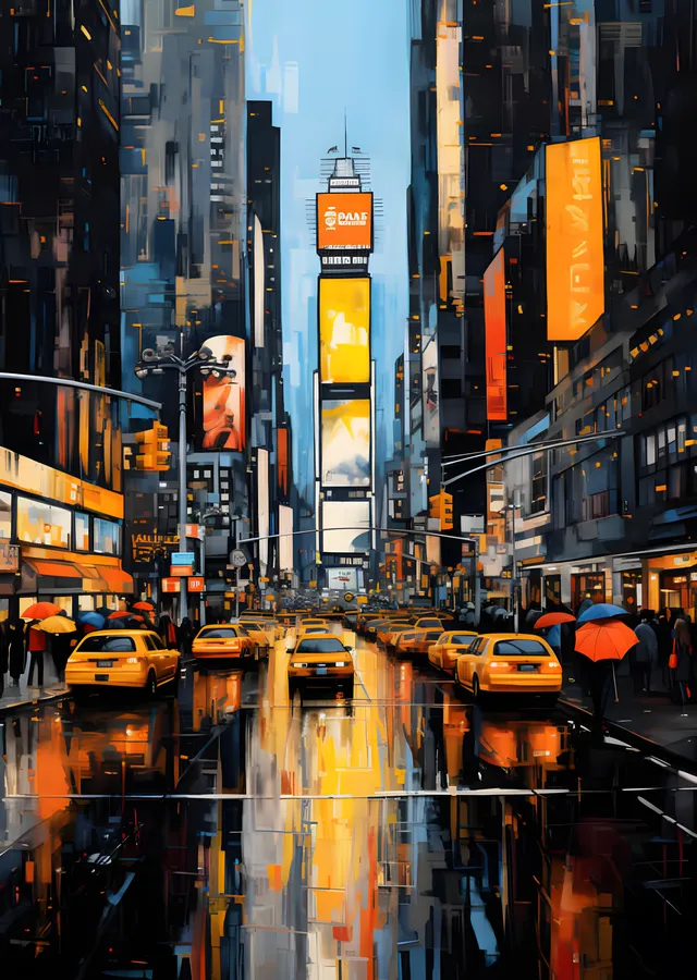 New York Taksileri: Yağmurda Times Square metal tablo