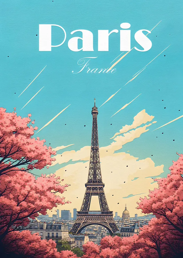 Paris: Pembe Çiçekler Ardında Eyfel metal tablo