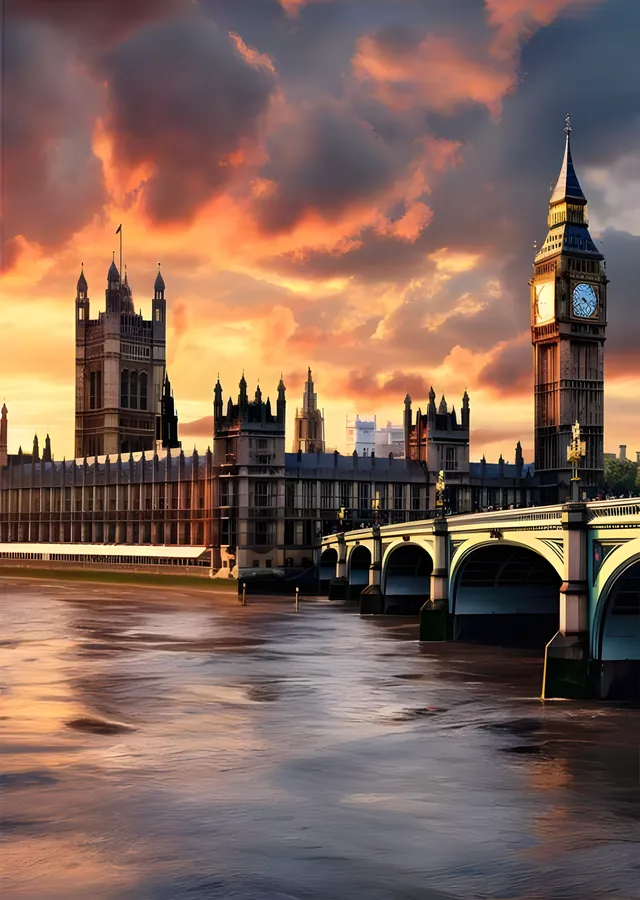 Big Ben ve Westminster: Thames Gün Batımı metal tablo