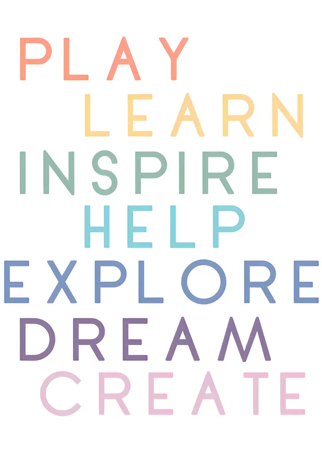 Play Learn Inspire Help Explore Dream Create metal tablo