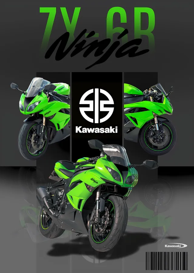 Kawasaki Ninja ZX-6R - Üçlü Kompozisyon metal tablo