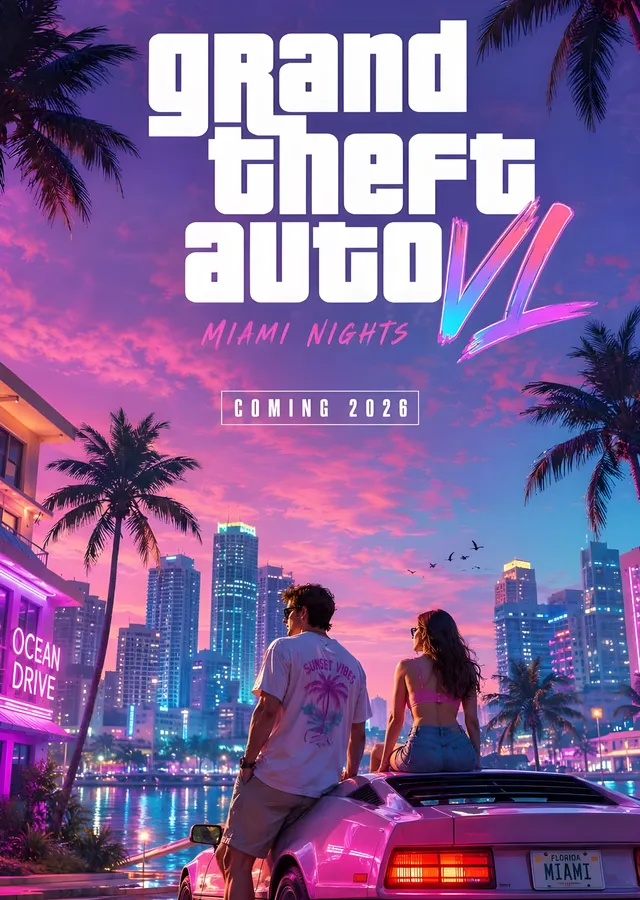 Grand Theft Auto VI - Miami Gecesi metal tablo