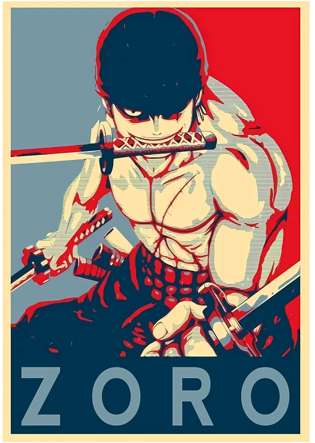 Roronoa Zoro: Kırmızı Mavi İki Tonlu Çizim metal tablo