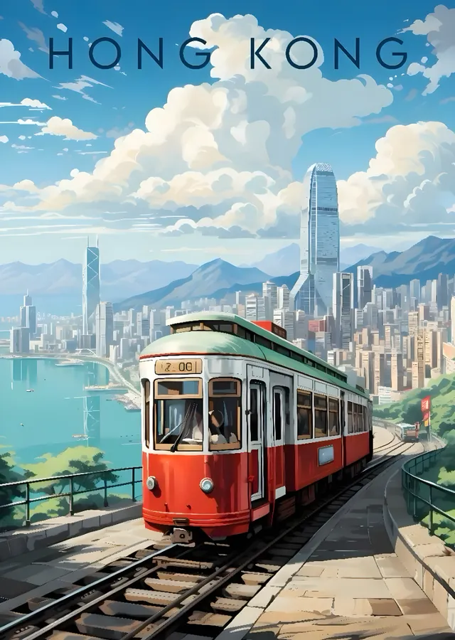 Hong Kong Treni ve Şehir Manzarası metal tablo