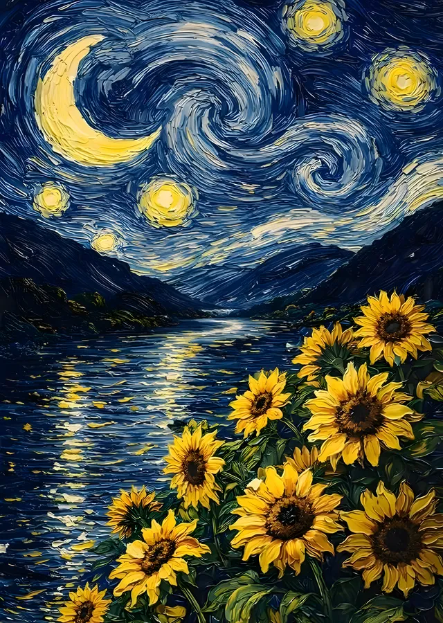 Van Gogh Esintili Yıldızlı Gece ve Ayçiçekleri metal tablo