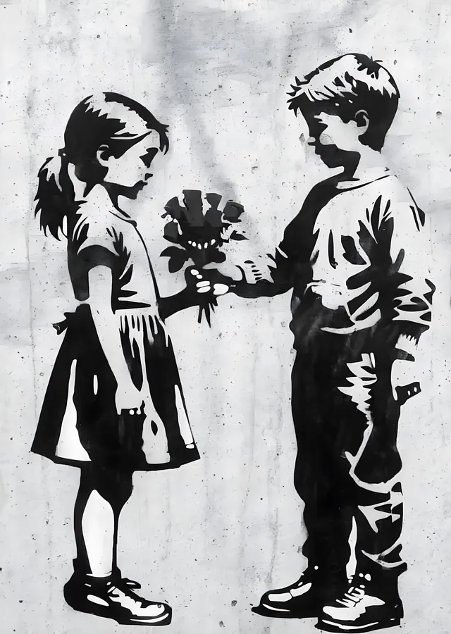 Banksy Tarzı: Çiçek Uzatan Kız ve Oğlan metal tablo