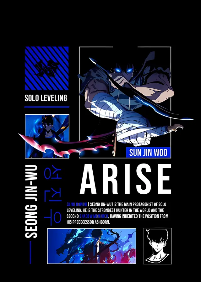 Solo Leveling: Arise - Siyah Fonlu Mavi ve Beyaz Figür metal tablo