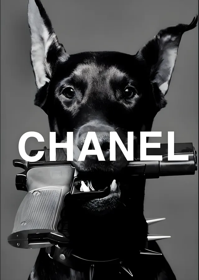 Chanel: Siyah Köpek ve Silah İkonu metal tablo