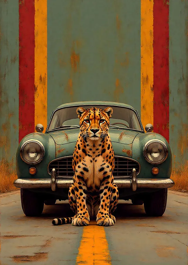 Leopar ve Klasik Otomobil: Vintage Efsane metal tablo