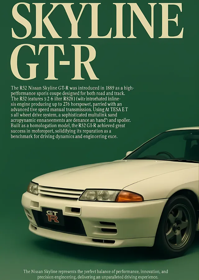Nissan Skyline GT-R R32 - Yeşil Zemin metal tablo