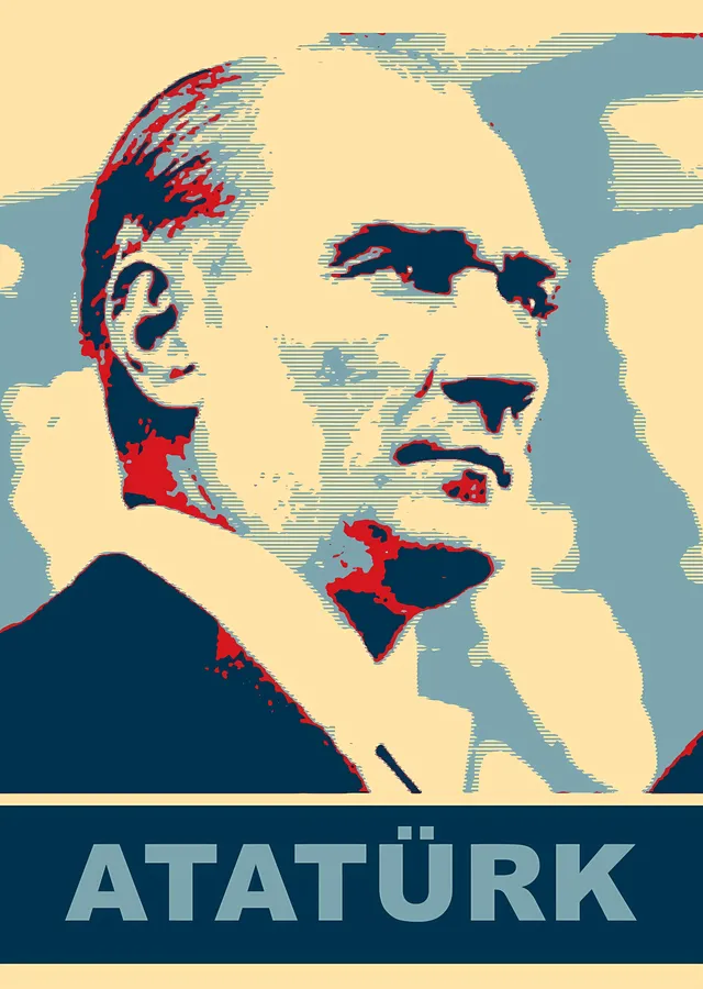 Mavi, Kırmızı ve Sarı Tonlarında Atatürk Portresi metal tablo