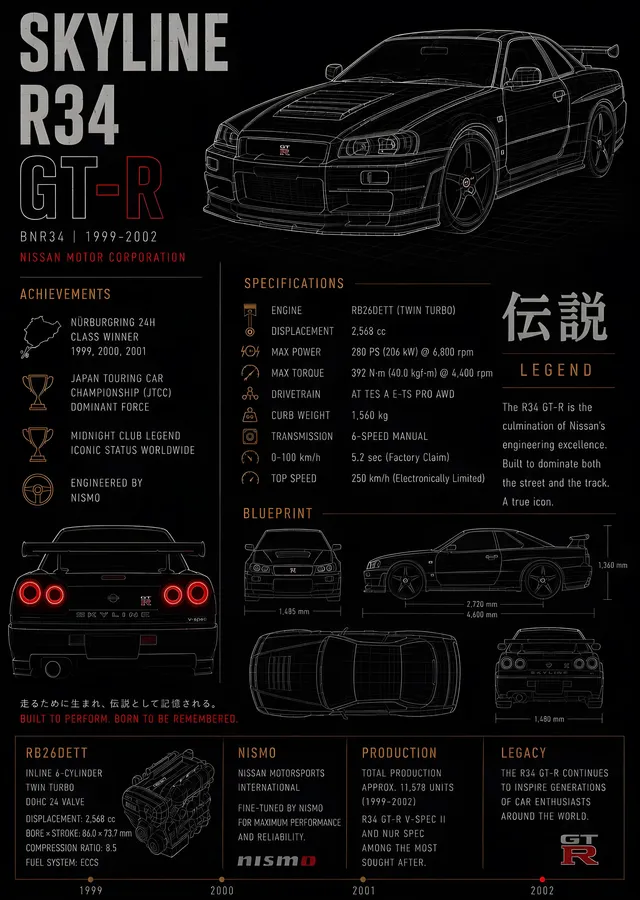 Nissan Skyline R34 GT-R: Teknik Çizim metal tablo