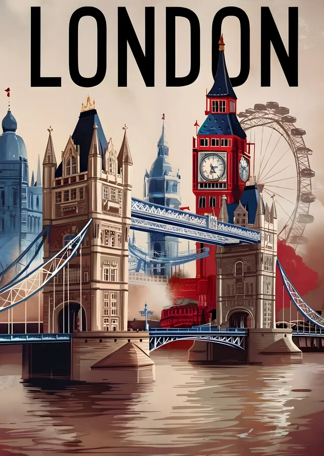 London Tower Bridge ve Ferris Wheel Vintage metal tablo