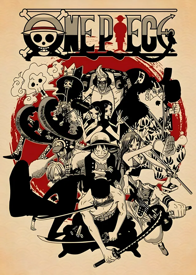 One Piece: Siyah Beyaz Kadro metal tablo