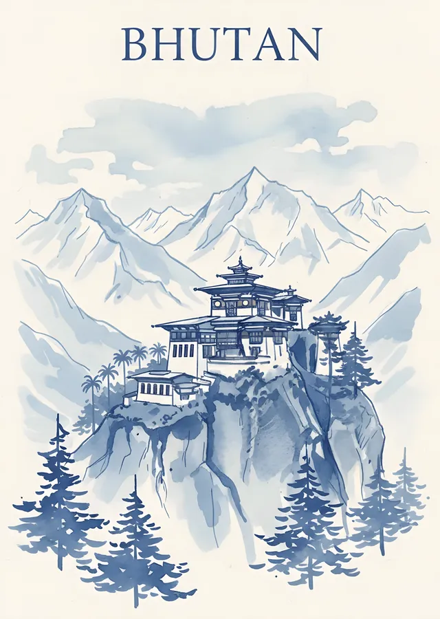 Bhutan: Dağlar Arasındaki Pagoda metal tablo