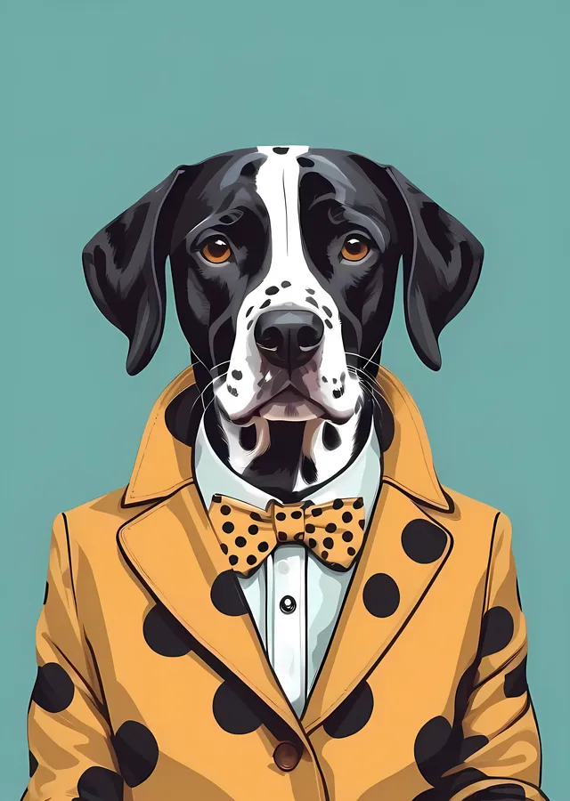Büyük Siyah-Beyaz Bir Köpeğin Sarı Polka Noktalı Portresi metal tablo