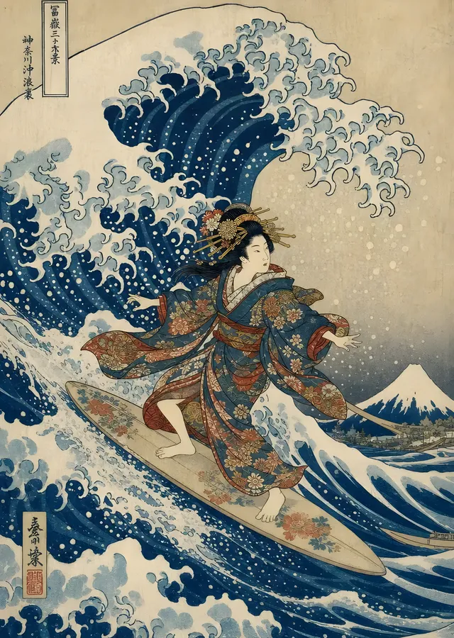 Ukiyo-e: Dalga ve Geyşa metal tablo