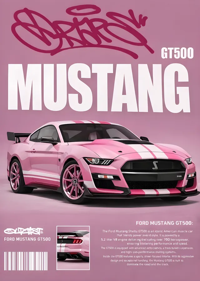 Ford Mustang GT500 - Pembe metal tablo