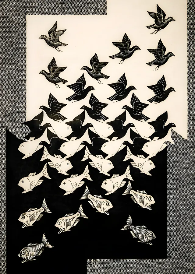 M.C. Escher: Gökyüzü ve Su metal tablo