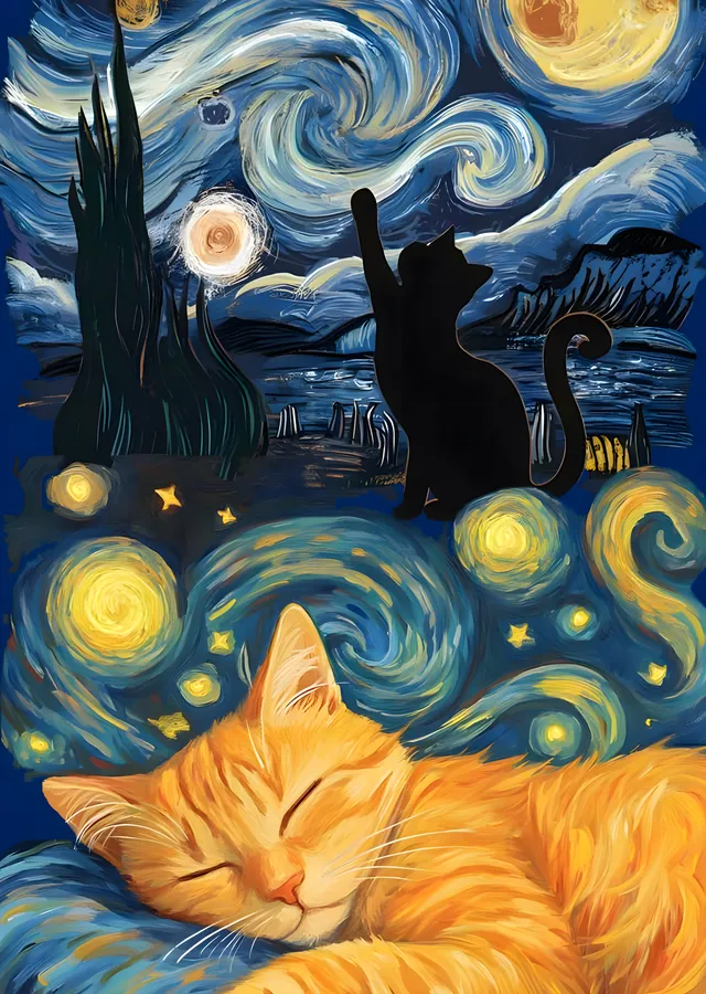 Van Gogh'un Yıldızlı Gecesi ve Kedi metal tablo