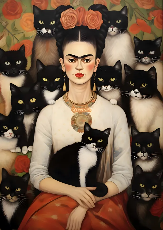 Frida Kahlo: Kedilerle Portre metal tablo