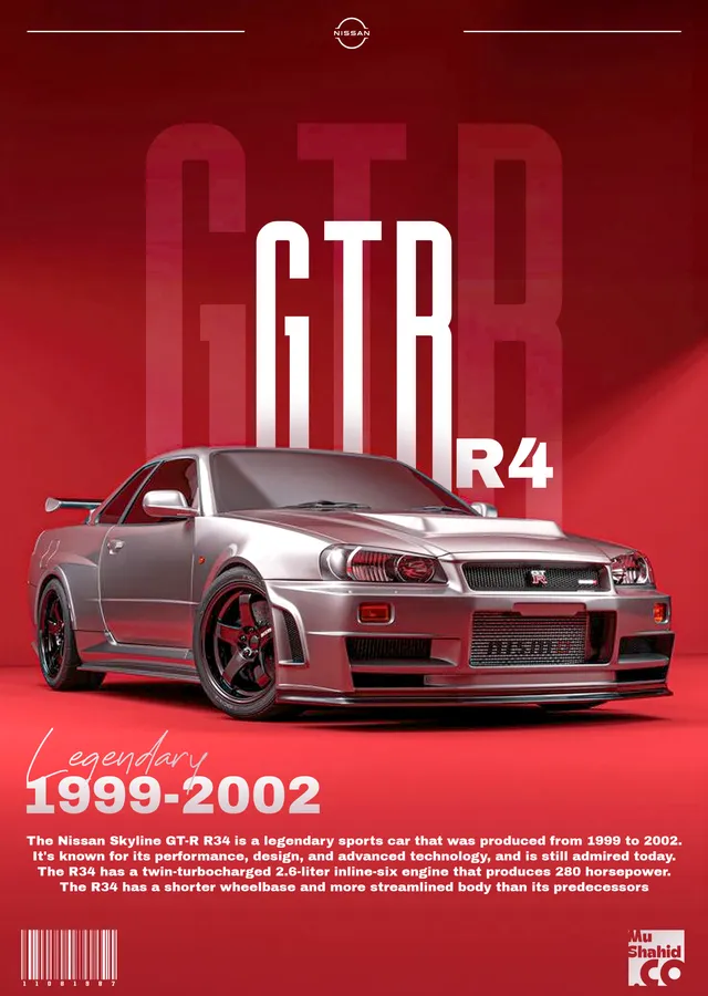 Nissan Skyline GT-R R34 - Kırmızı Zemin metal tablo