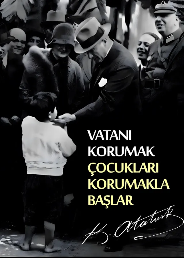 Atatürk: Vatanı Korumak Çocukları Korumakla Başlar metal tablo