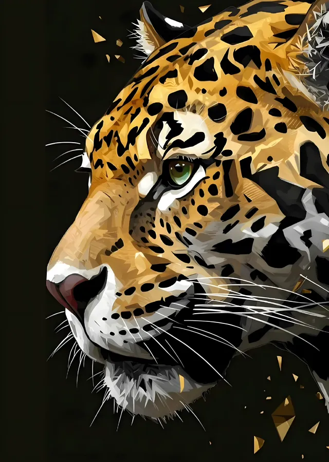 Leoparın Portresi: Siyah Arka Plan ve Altın Konfeti metal tablo