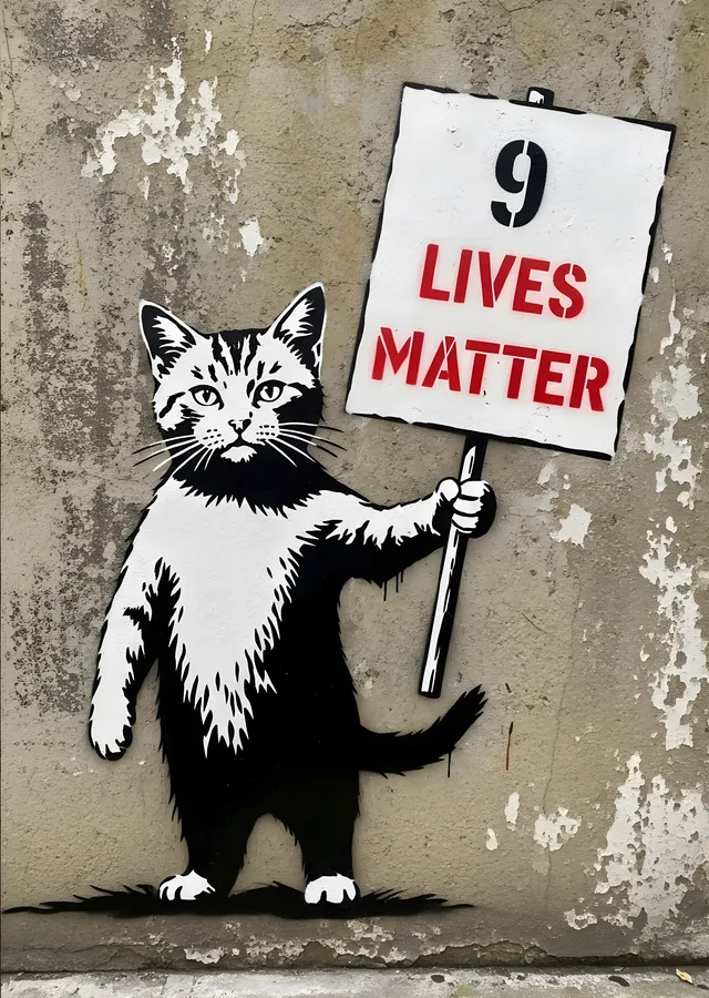 9 Lives Matter: Banksy Stilinde Sokak Kedi Protesto metal tablo