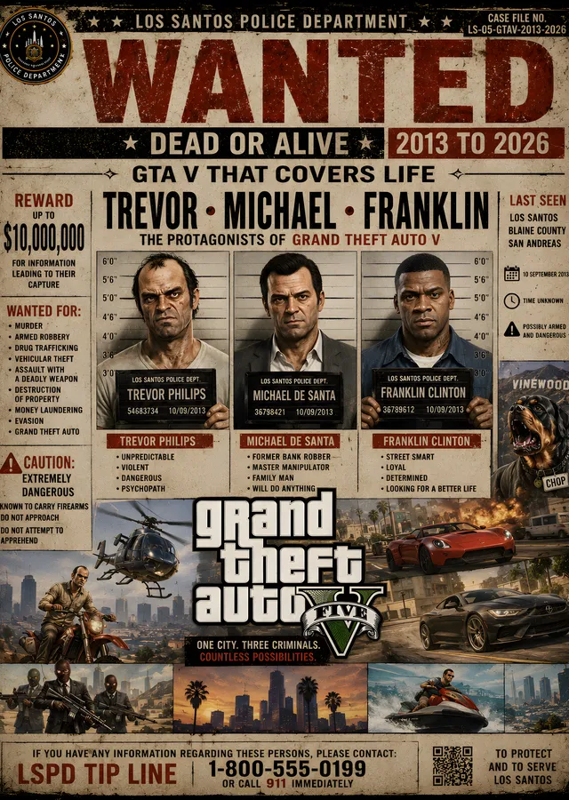 GTA V - Wanted: Trevor, Michael, Franklin metal tablo