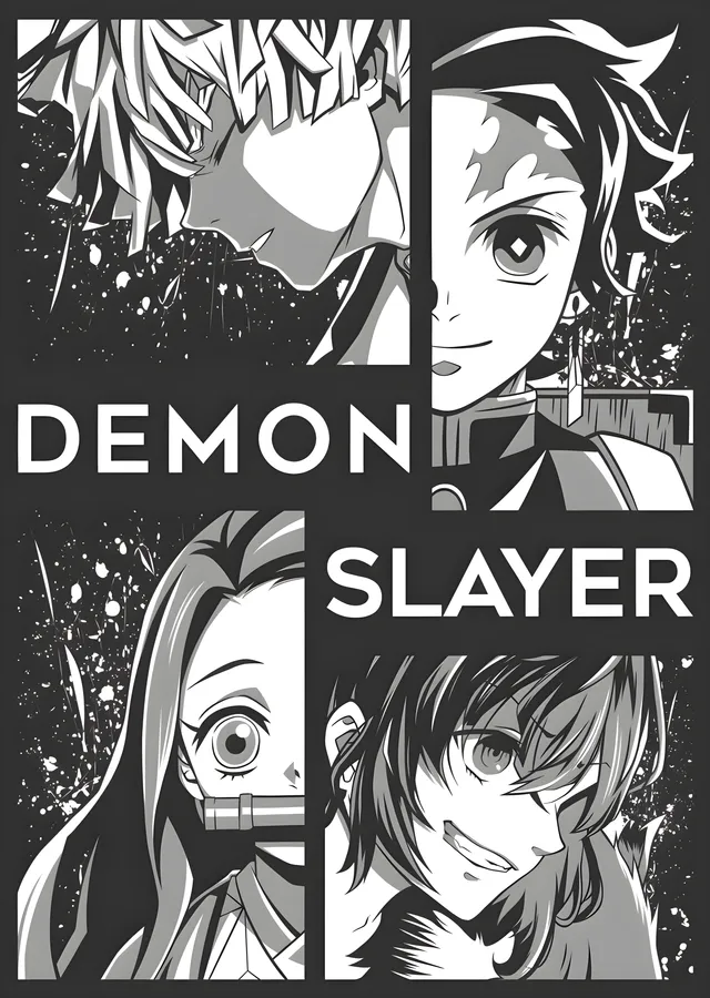 Demon Slayer: Siyah Beyaz Dörtlü metal tablo
