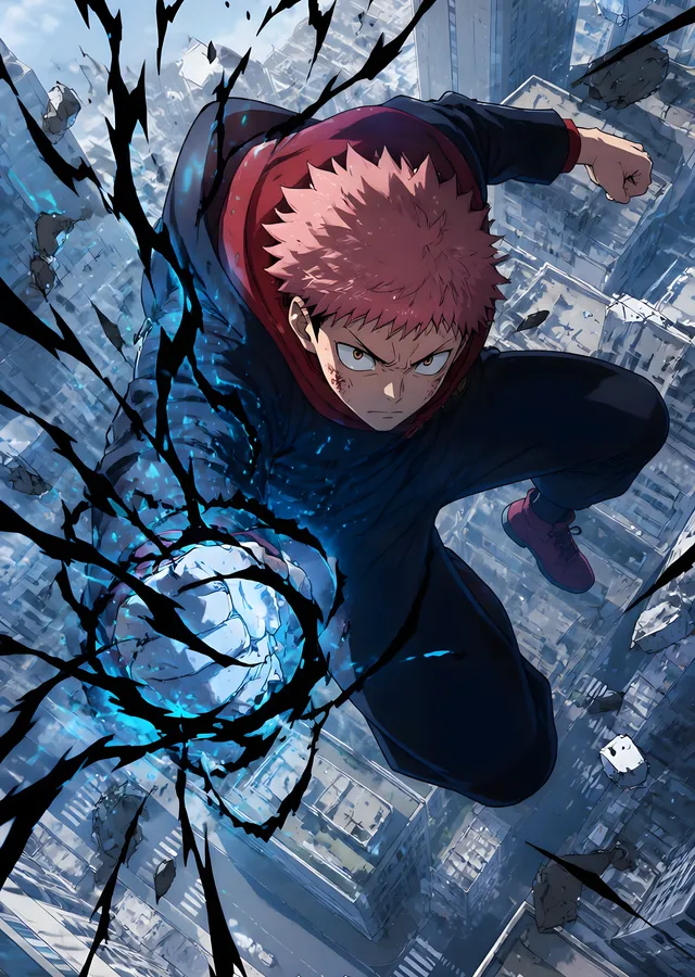Jujutsu Kaisen - Şehrin Üzerinde Yuji metal tablo