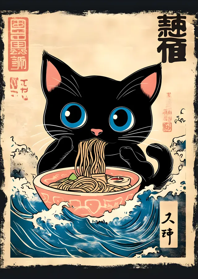 Noodle Kedi: Japon Esintili Ramen Sanatı metal tablo