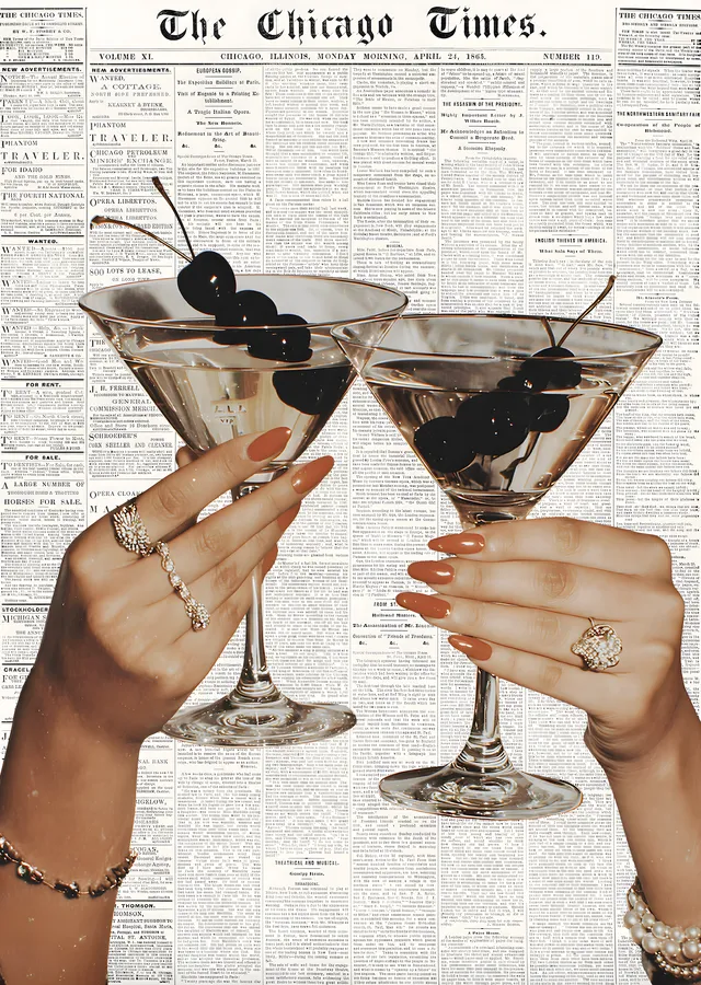 Cherry Martini Cocktail Newspaper Print metal tablo