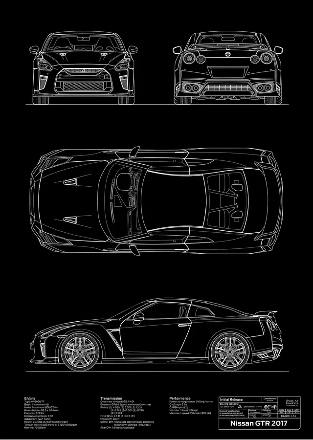 Nissan GT-R 2017 - Blueprint metal tablo