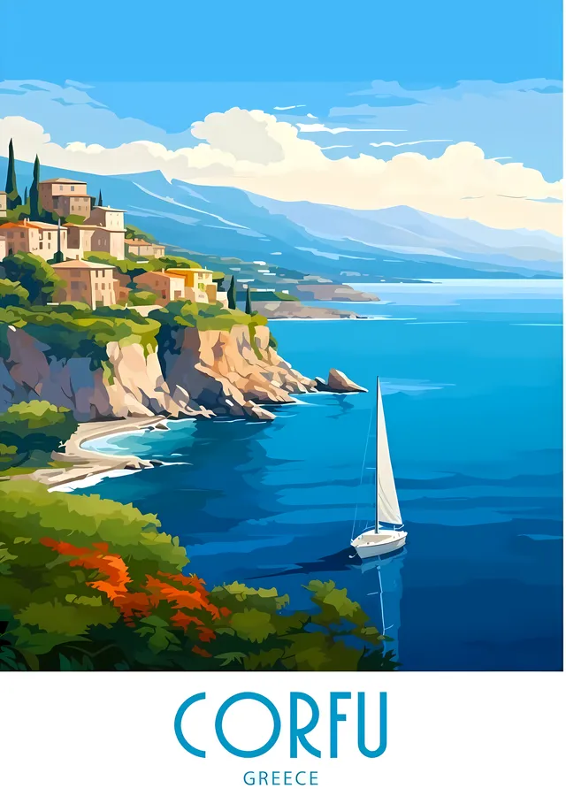 Corfu: Yunan Deniz Manzarası metal tablo