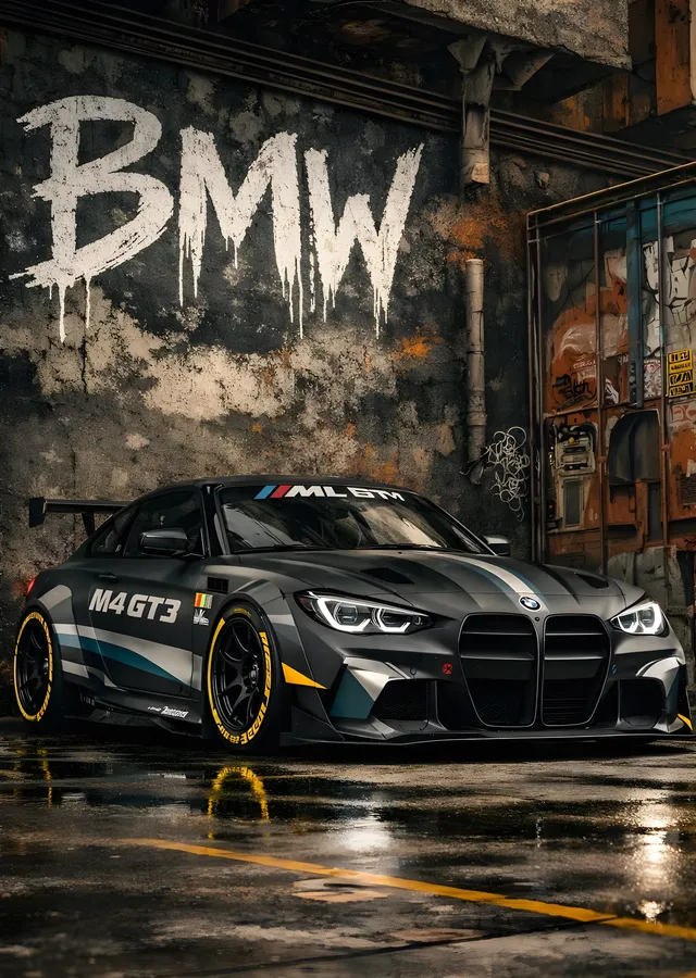BMW M4 GT3: Graffiti Kaplı Binada Parklanan Yarış Arabası metal tablo