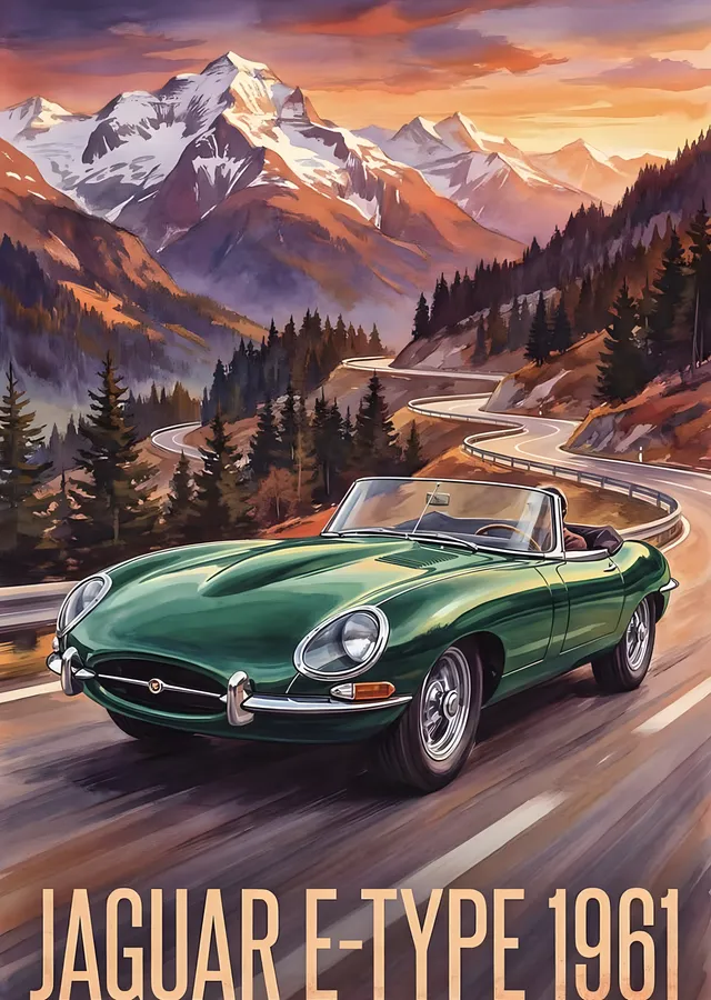 Jaguar E-Type 1961: Otomobil ve Doğa Manzarası metal tablo