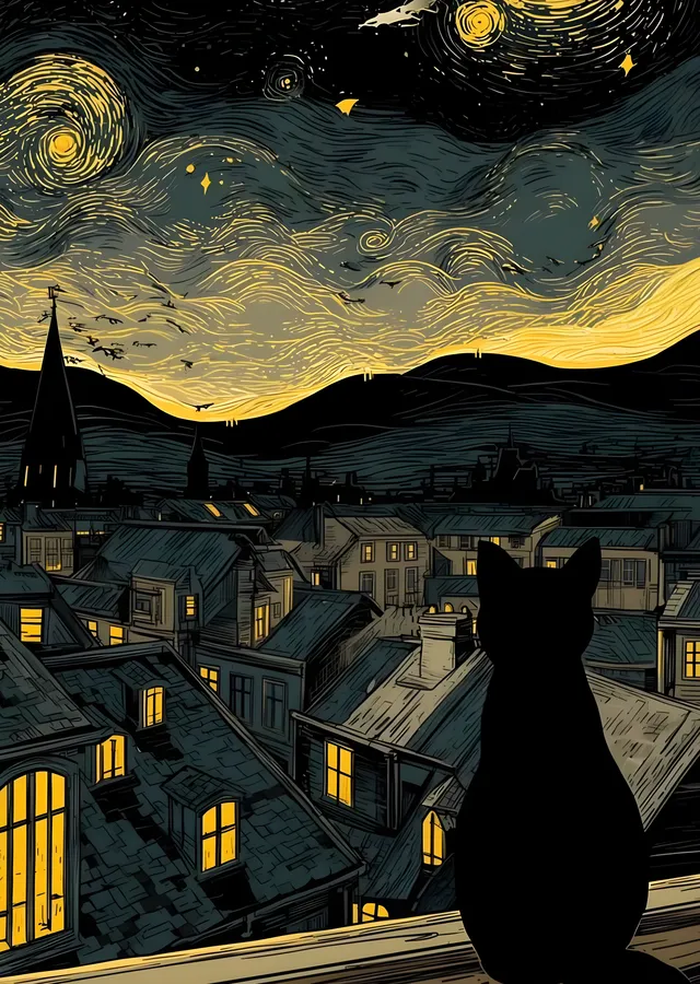 Kedi Gözünden Yıldızlı Gece (Van Gogh Tarzı) metal tablo
