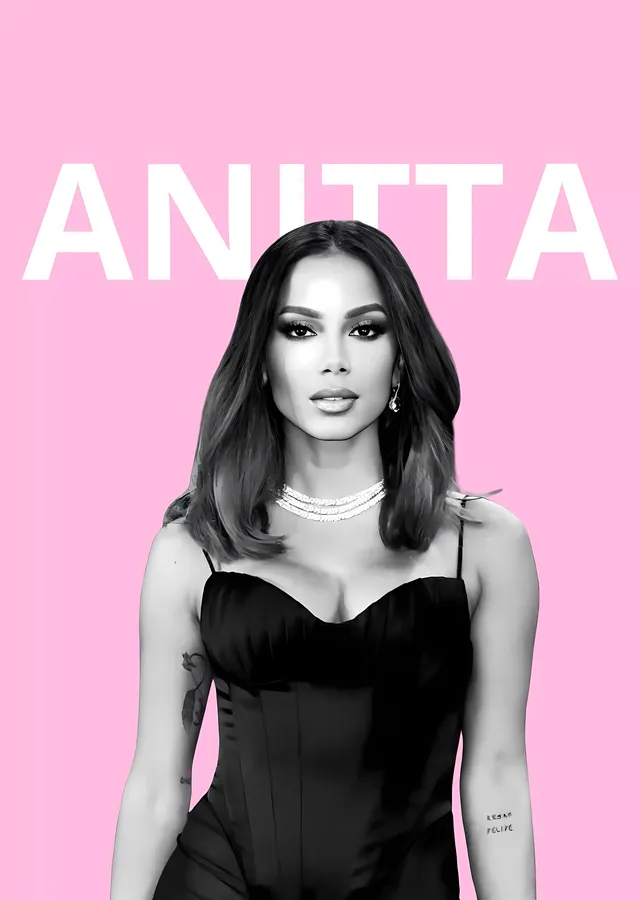 Anitta - Pembe Zeminde Siyah Beyaz Portre metal tablo