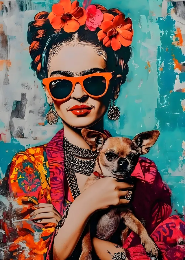 Frida Kahlo: Turuncu Güneşliklerle Çiçekli Portre metal tablo