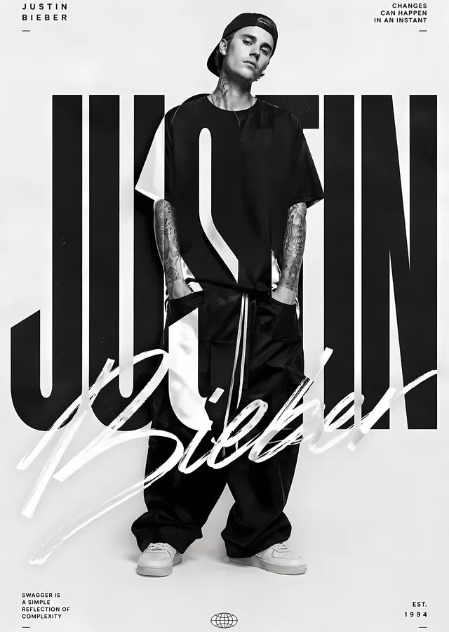 Justin Bieber: Siyah Tonlu Modern Portre metal tablo