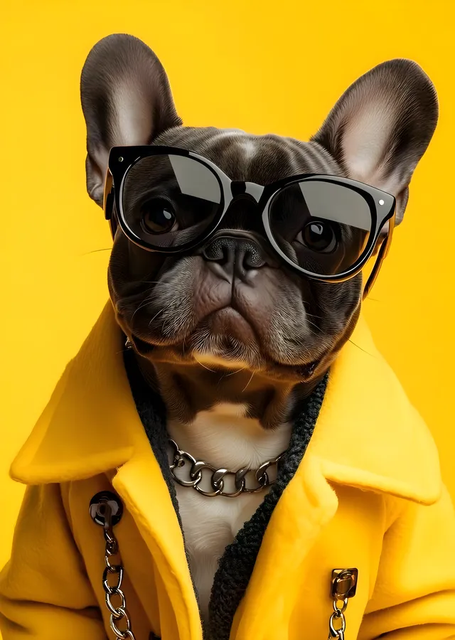 Sarı Montlu Gözlüklü Bulldog Portresi metal tablo