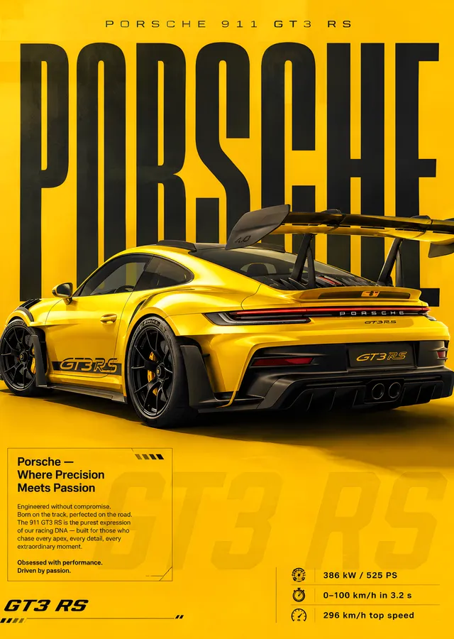 Porsche 911 GT3 RS - Sarı Fonlu Yüksek Performanslı Araba metal tablo