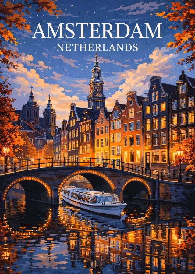 Turuncu ve Sarı Işıklarla Amsterdam Kanal Manzarası metal tablo