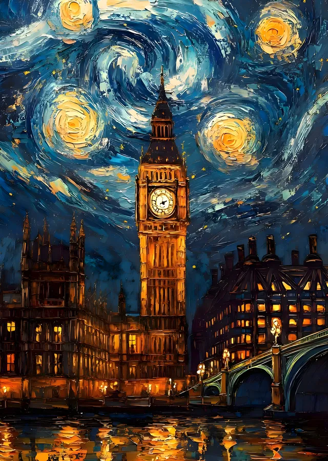 Van Gogh Esintili Big Ben: Yıldızlı Gece metal tablo