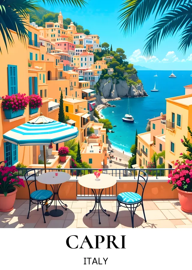 Capri'deki Deniz Manzaralı Bahçe metal tablo