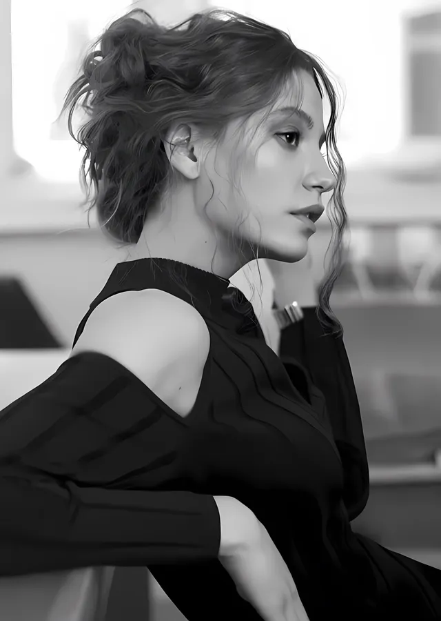 Serenay Sarıkaya - Gri Tonlarda Portre metal tablo
